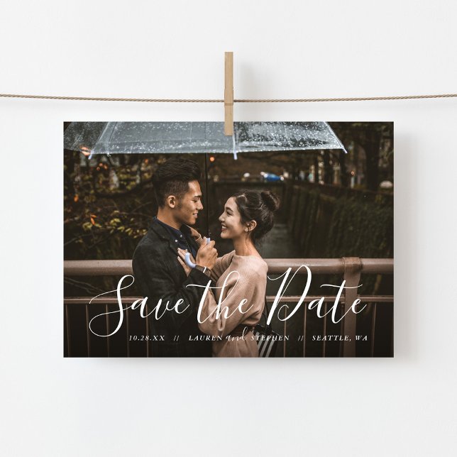 Stylish Script Photo Overlay Save the Date Magneti Magnetic Invitation (Creator Uploaded)