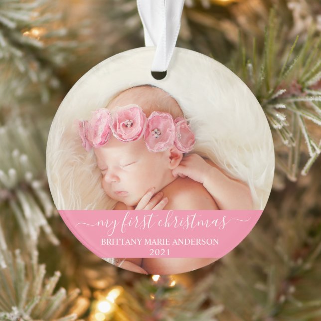 Stylish Script Pink My First Christmas Baby Ornament (Tree)