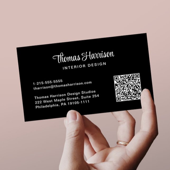 Stylish Script Professional QR Code Black Business Card (Capture attention, make connections, and leave a lasting impression with our modern QR business card)