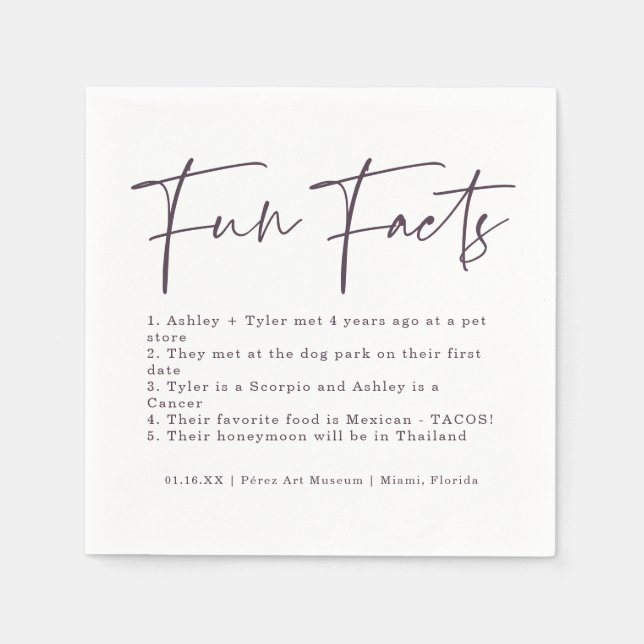 Stylish Script | Purple Color Swatch Fun Facts Napkins (Front)