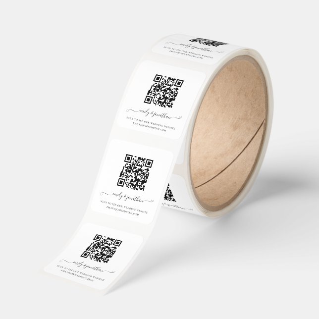 Stylish Script QR Code Wedding Website Square Sticker (Roll)