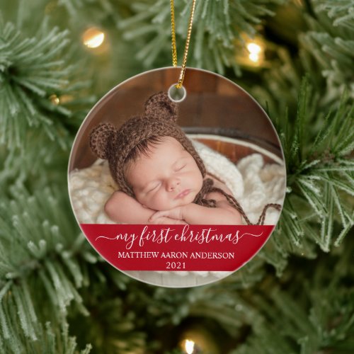 Stylish Script Red My First Christmas Baby Ceramic Ornament
