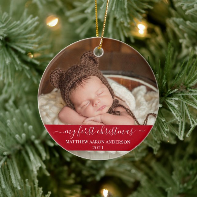 Stylish Script Red My First Christmas Baby Ceramic Ornament (Tree)