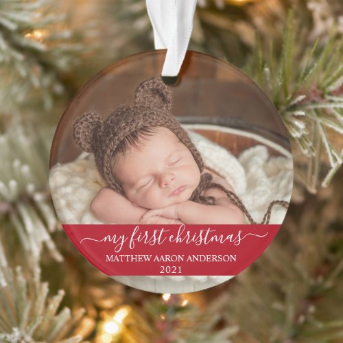 Stylish Script Red My First Christmas Baby Ornament