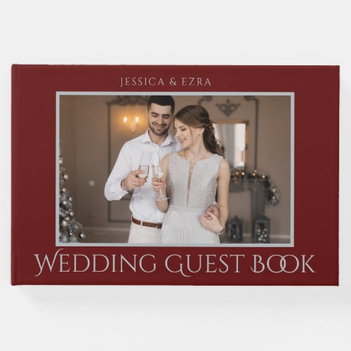 Stylish Script Silver and Burgundy  Photo Guest Book