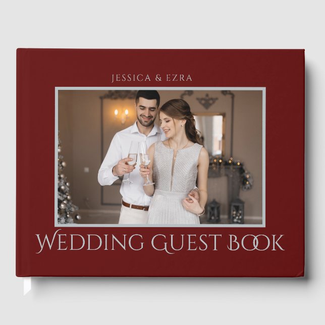 Stylish Script Silver and Burgundy | Photo Guest Book (Front)