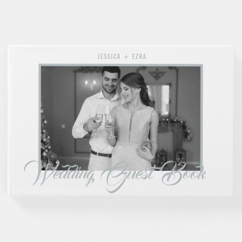 Stylish Script Silver White with Black White Photo Guest Book