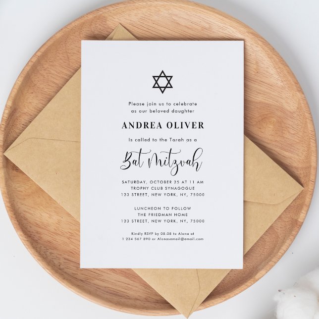 Stylish Script Star of David White Bat Mitzvah Invitation (Creator Uploaded)