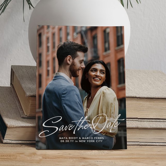 Stylish script two photo wedding save the date (Creator Uploaded)
