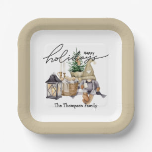 Stylish script Watercolor Santa White Beige Paper Plates