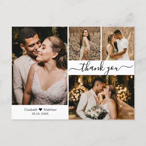 Stylish Script Wedding 4 Photo Collage Thank You Postcard