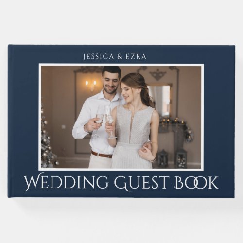 Stylish Script White and Blue  Photo Guest Book