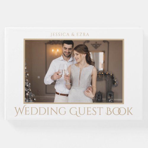 Stylish Script White and Gold  Photo Guest Book
