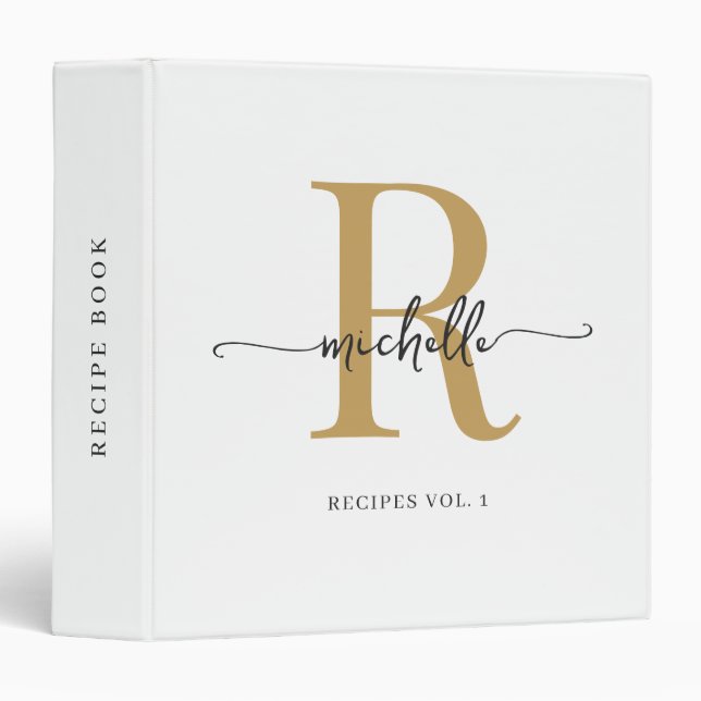 Stylish Script White Gold Monogram Cookbook Recipe 3 Ring Binder (Front/Spine)
