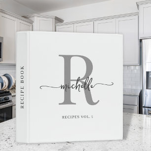 Stylish Script White Gray Monogram Cookbook Recipe 3 Ring Binder