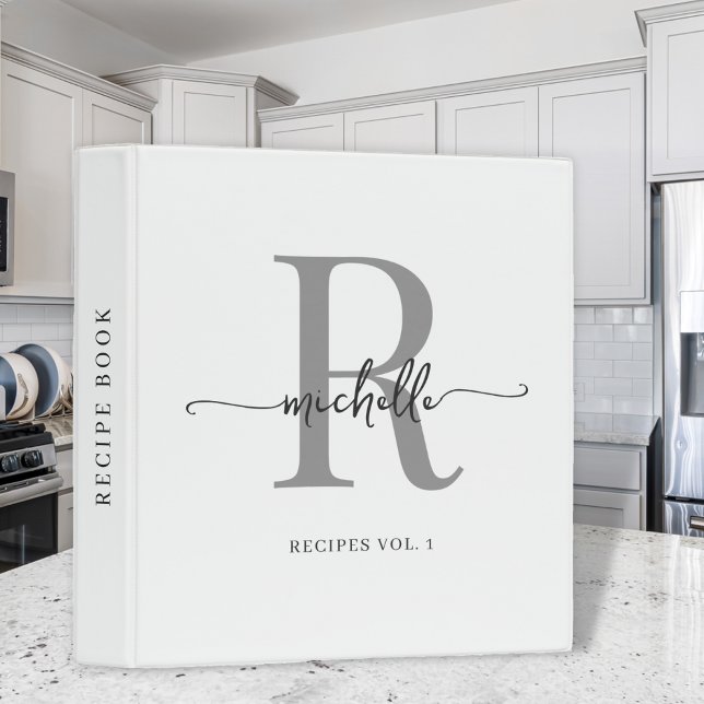 Stylish Script White Gray Monogram Cookbook Recipe 3 Ring Binder (Creator Uploaded)
