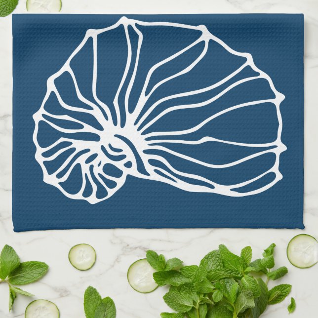 Stylish Sea Shell - Teal Blue Coastal Theme Kitchen Towel (Folded)