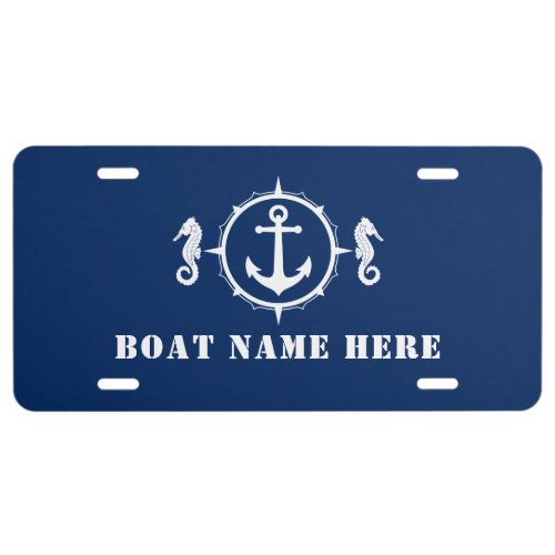 Stylish Seahorse Anchor  Your Boat Name Navy Blue License Plate