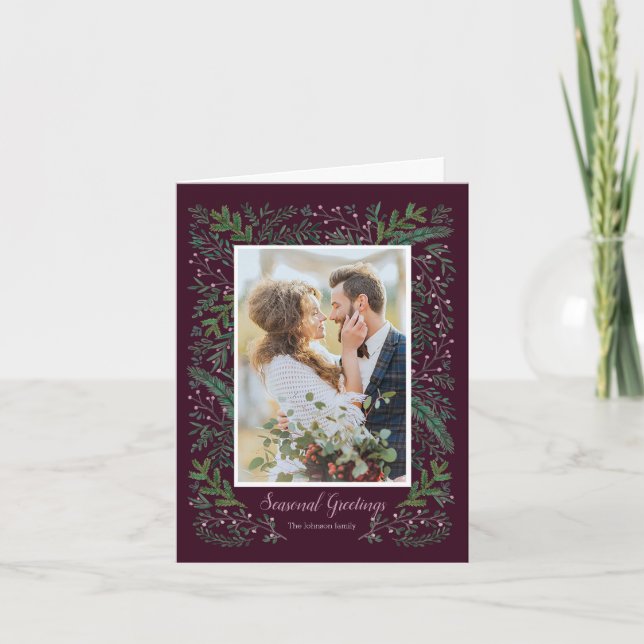 Stylish Seasonal pink Green Pine Tree wreath Photo Holiday Card (Front)