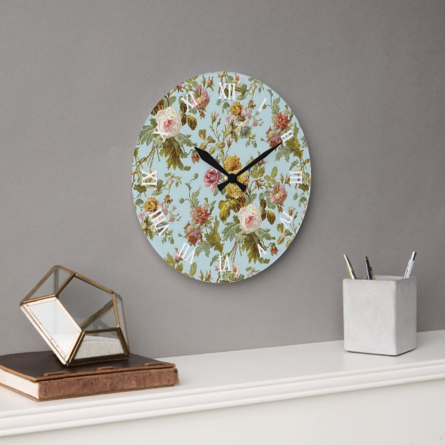 Stylish Shabby Chic Blush Pink Rose Flower Pattern Large Clock (Office)