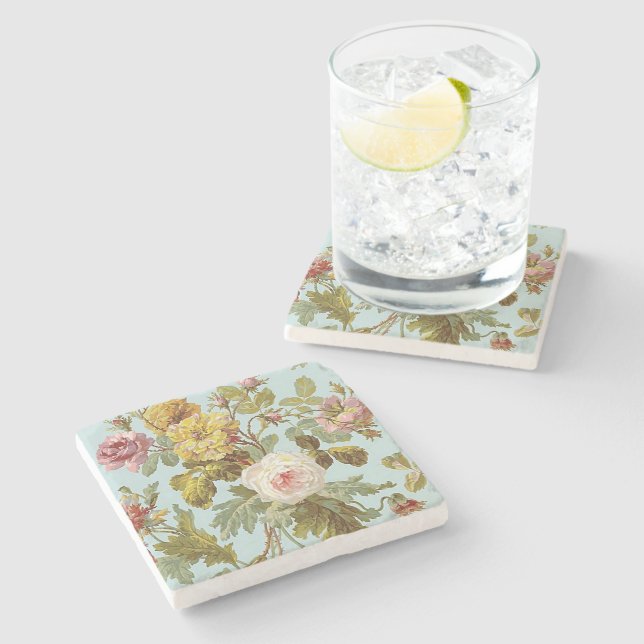 Stylish Shabby Chic Blush Pink Rose Flower Pattern Stone Coaster (Side)