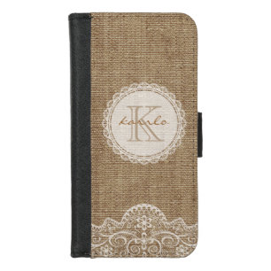 Stylish Shabby Rustic Burlap Ivory Lace Monogram iPhone 8/7 Wallet Case