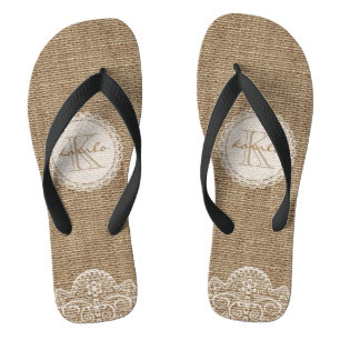 Stylish Shabby Rustic Burlap Lace Wedding Monogram Flip Flops