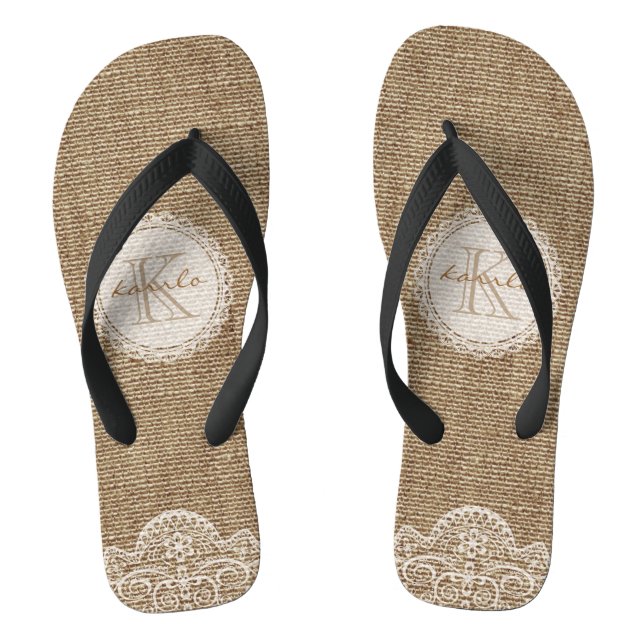 Stylish Shabby Rustic Burlap Lace Wedding Monogram Flip Flops (Footbed)