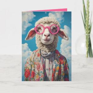 Stylish Sheep Pink Glasses Floral Attire Blue Sky Invitation