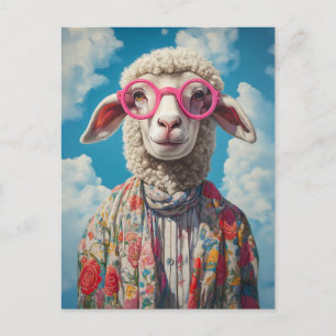 Stylish Sheep Pink Glasses Floral Attire Blue Sky Postcard