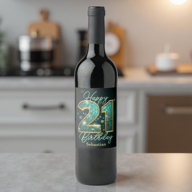 Stylish Shimmering Teal and Gold 21st Birthday Wine Label (Creator Uploaded)