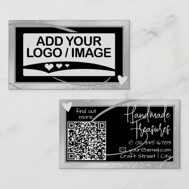 Stylish Shimmery Silver Frame Cute Heart with Logo Business Card (Front/Back)