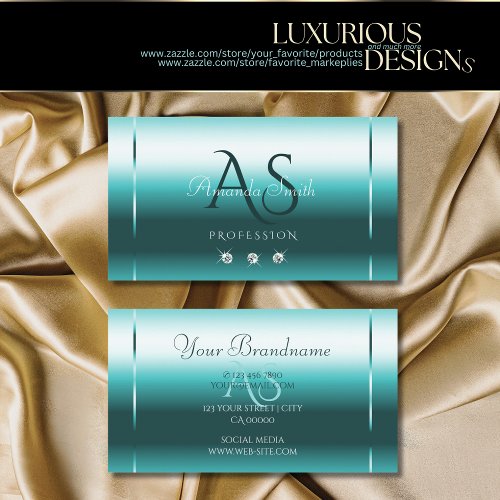 Stylish Shimmery Teal Sparkling Diamonds Initials Business Card