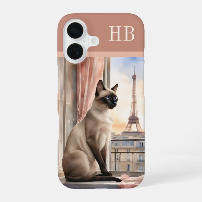 Stylish Siamese Cat Monogram Personalized Iphone Case (Back)