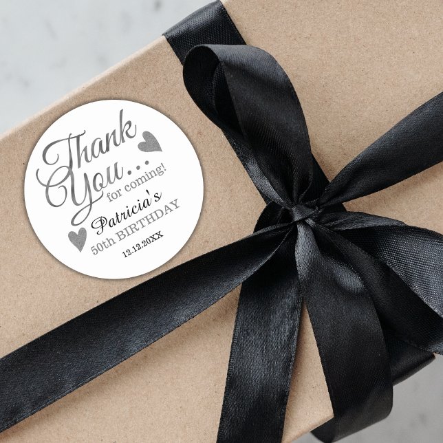 Stylish Silver 50th Birthday Thank You  Classic Round Sticker (Stylish Silver 50th Birthday Thank You Classic Round Sticker fiftieth party favor stickers)
