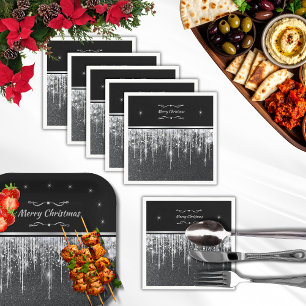 Stylish Silver and Black Merry Christmas Party Napkins