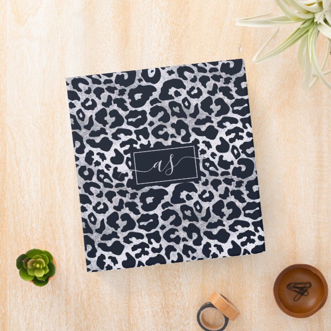 Stylish Silver Black Leopard Print Monogrammed 3 Ring Binder (In Situ)