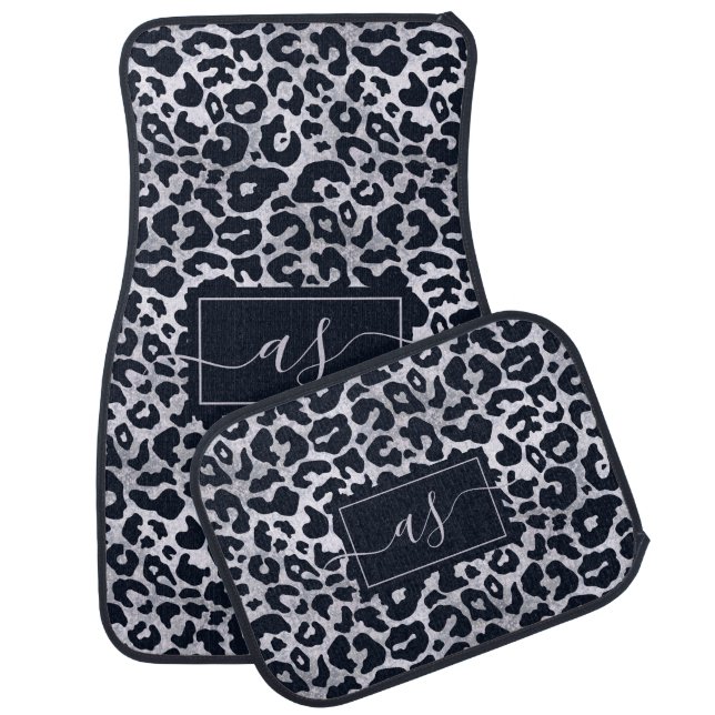 Stylish Silver Black Leopard Print Monogrammed Car Floor Mat (Set)