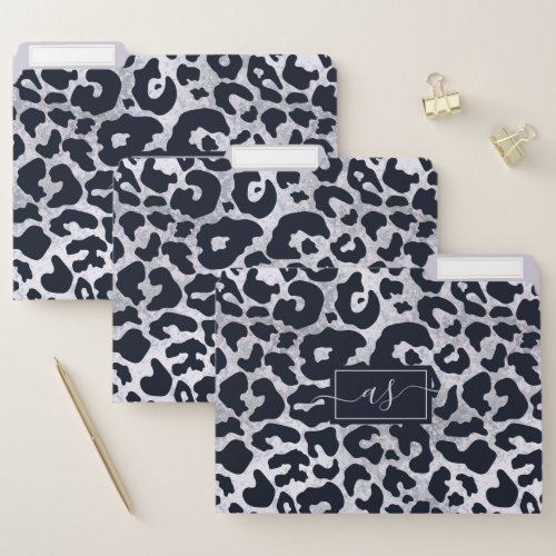 Stylish Silver Black Leopard Print Monogrammed File Folder