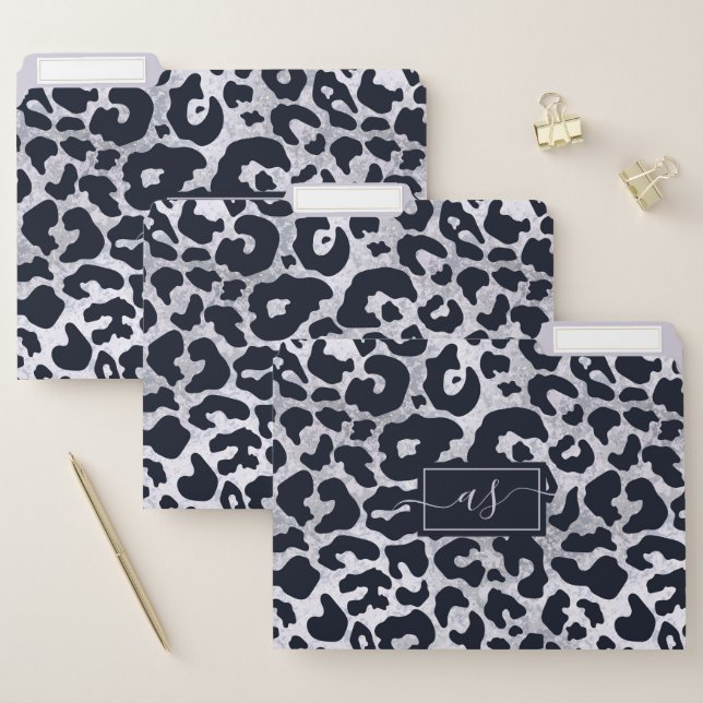 Stylish Silver Black Leopard Print Monogrammed File Folder (Set)