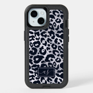 Stylish Silver Black Leopard Print Monogrammed iPhone 15 Case