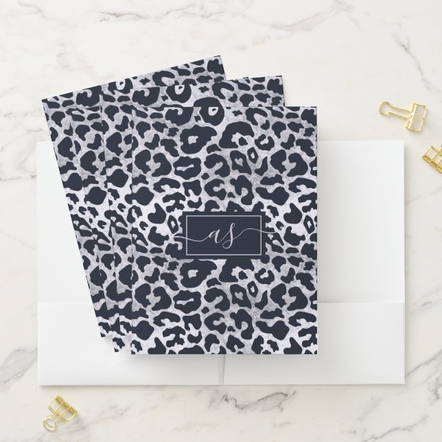 Stylish Silver Black Leopard Print Monogrammed Pocket Folder (In Situ)