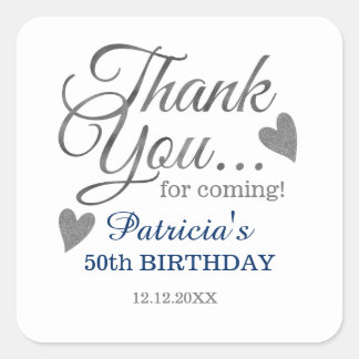 Stylish Silver Blue 50th Birthday Thank You   Square Sticker