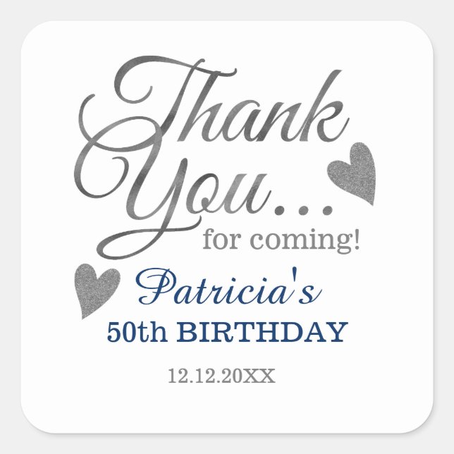 Stylish Silver Blue 50th Birthday Thank You   Square Sticker (Front)