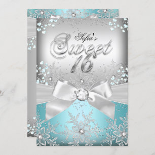 Stylish Silver Bow Blue Jewel Sweet Sixteen Invite