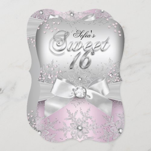 Stylish Silver Bow Pink Jewel Sweet Sixteen Invite