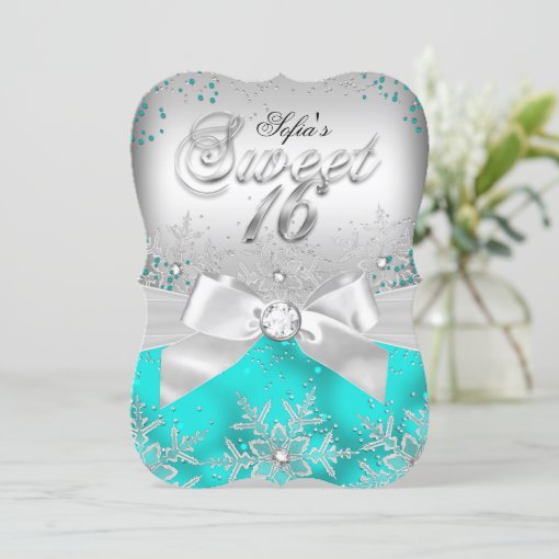 Stylish Silver Bow Teal Jewel Sweet Sixteen Invite Zazzle