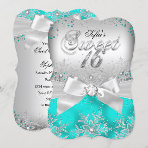 Stylish Silver Bow Teal Jewel Sweet Sixteen Invite