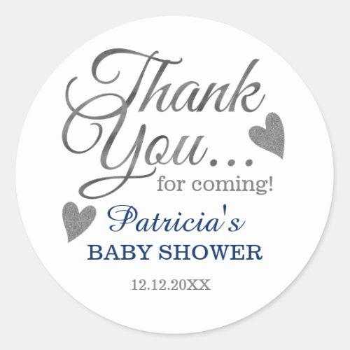 Stylish Silver Boy Baby Shower Thank You Favor Classic Round Sticker