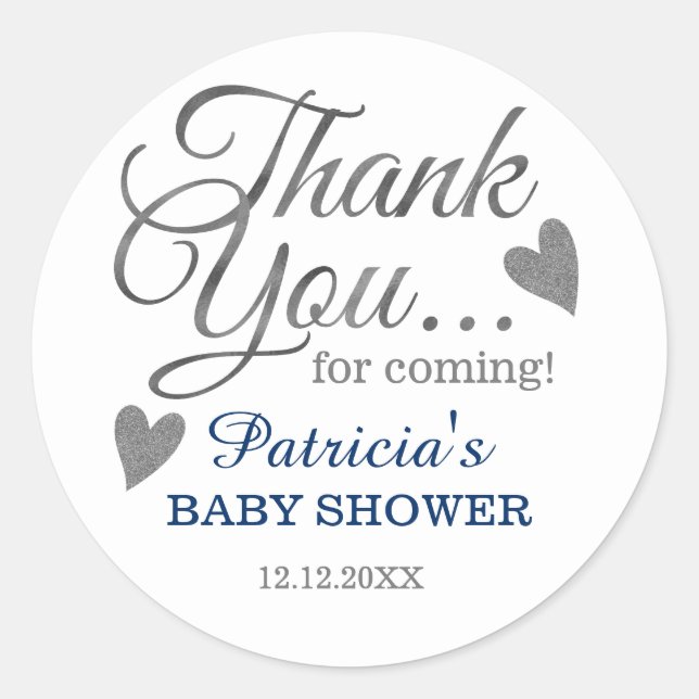 Stylish Silver Boy Baby Shower Thank You Favor Classic Round Sticker (Front)